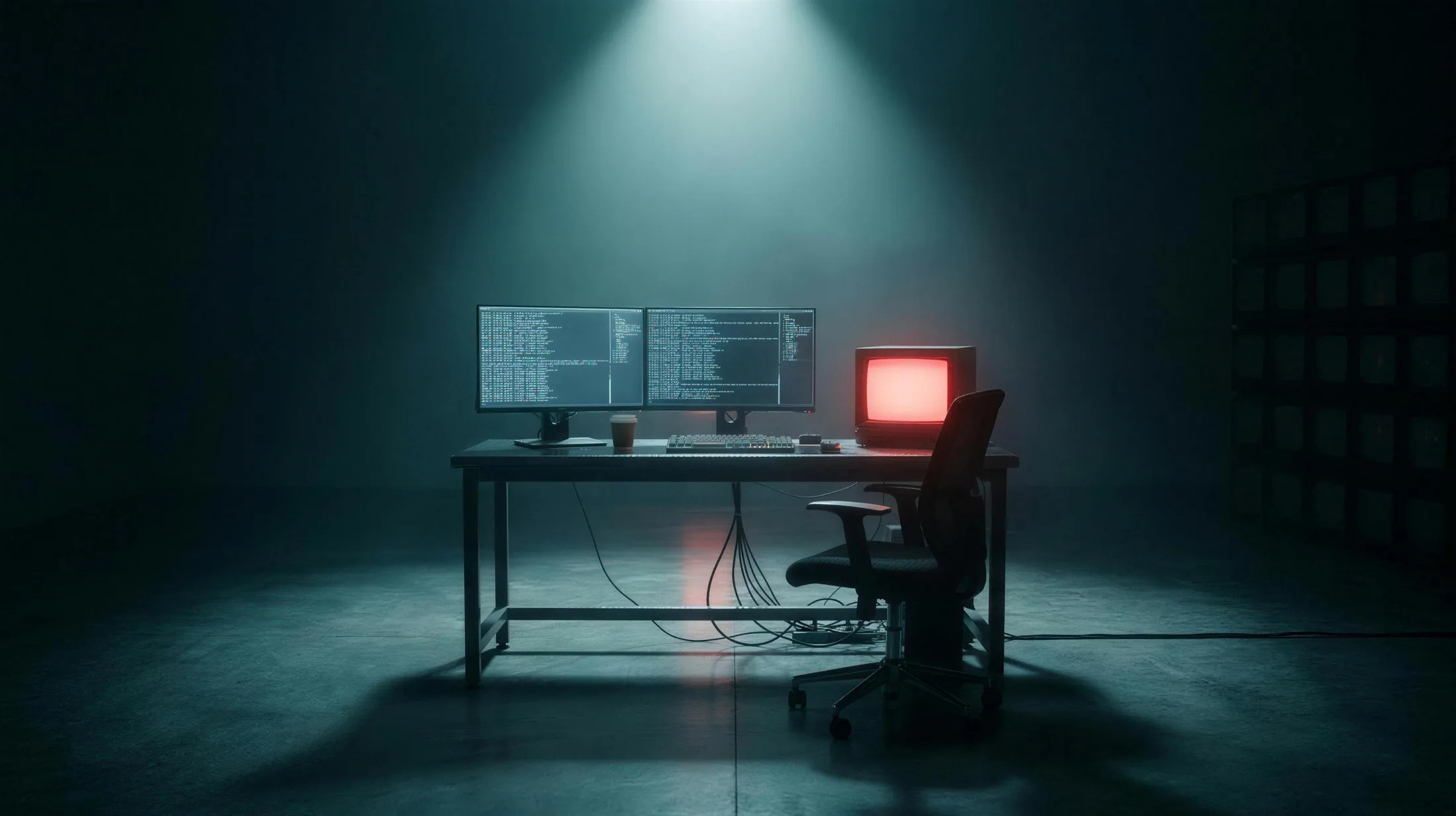 Postazione operatore vuota di notte: monitor con log che scorrono, uno schermo rosso acceso, sedia vuota. Il sistema gira da solo.