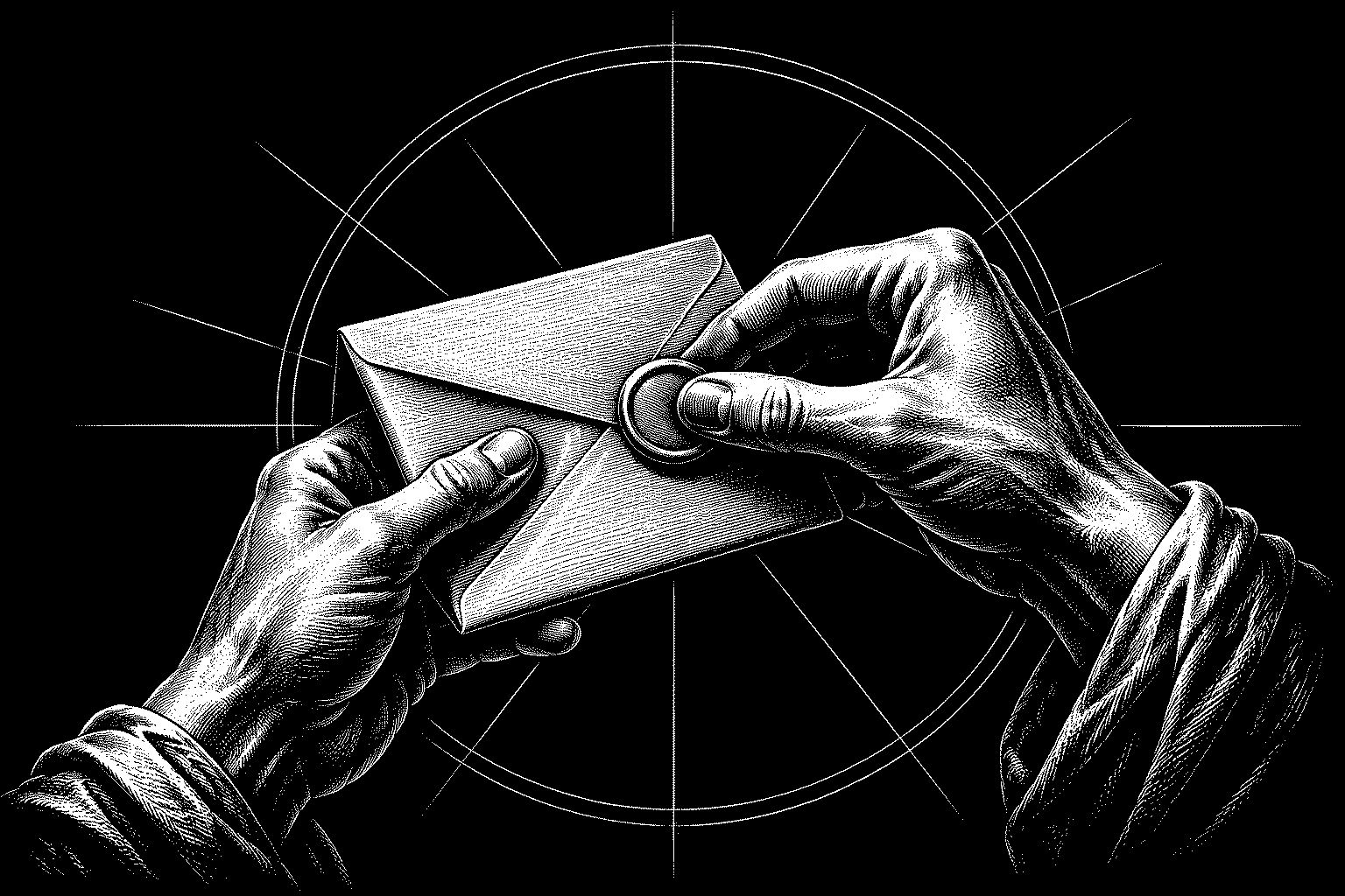 Incisione in bianco e nero: due mani classiche piegano una lettera bianca e vi premono sopra un sigillo