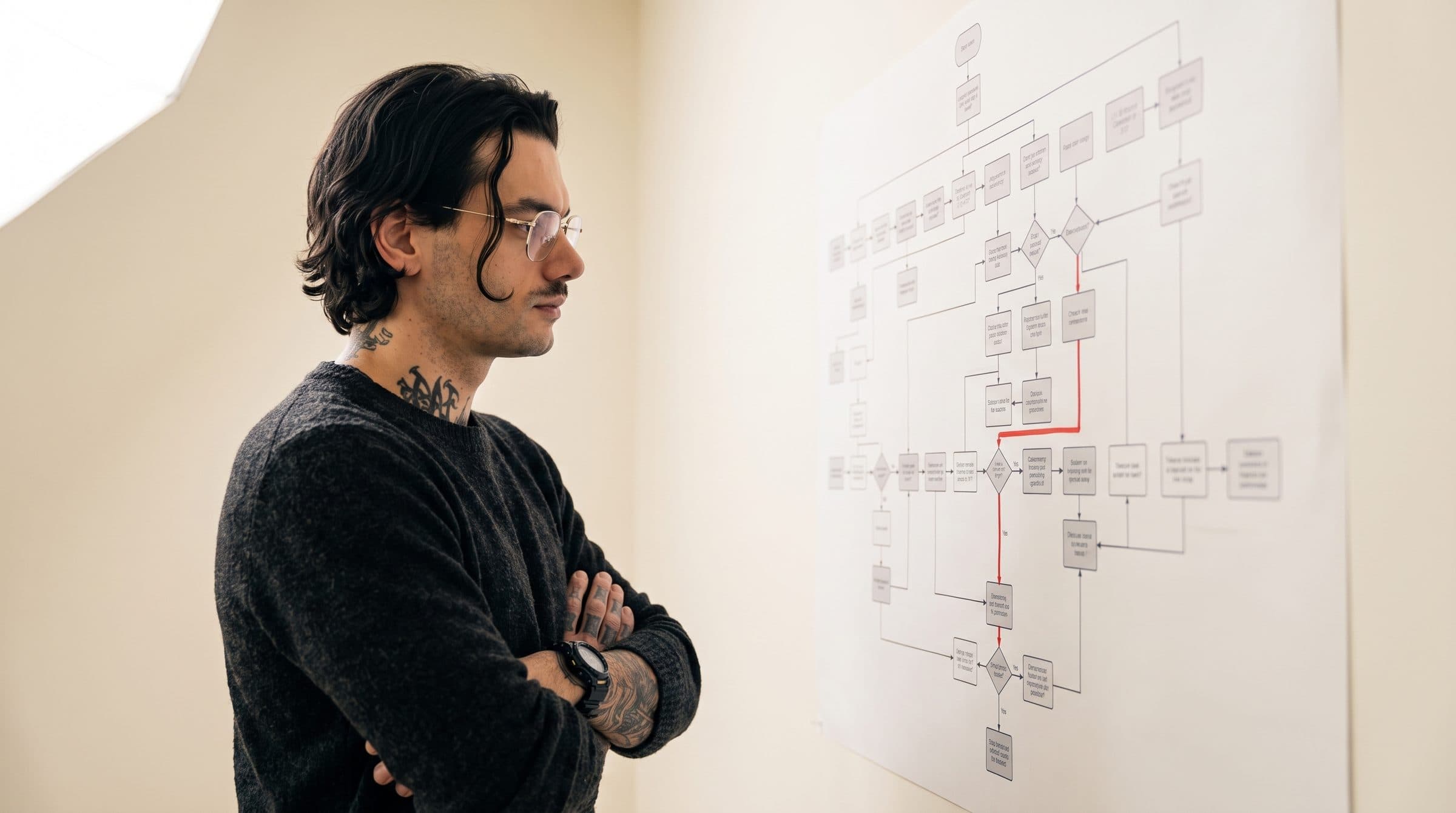 Giovanni Liguori a braccia conserte davanti a un flowchart appeso al muro, con il percorso principale ripassato in vermiglio.