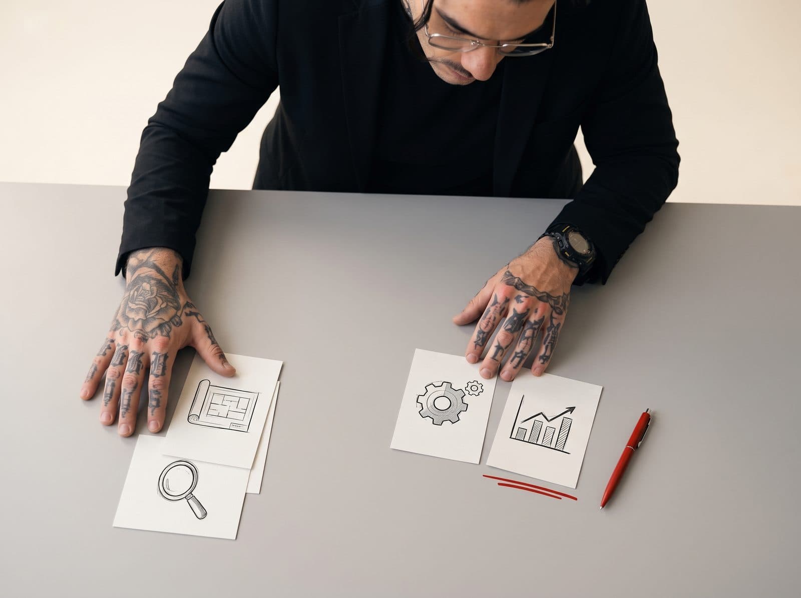 Le quattro fasi del metodo disposte sul tavolo come schede disegnate a mano: la lente dello scoping, il blueprint del processo, l'ingranaggio della build e il grafico del risultato, con la penna vermiglia di lato.