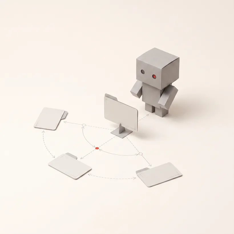 Illustrazione: un piccolo automa di carta accanto a una scheda-indice centrale, con linee tratteggiate che puntano a tre file reali, come una routing table.