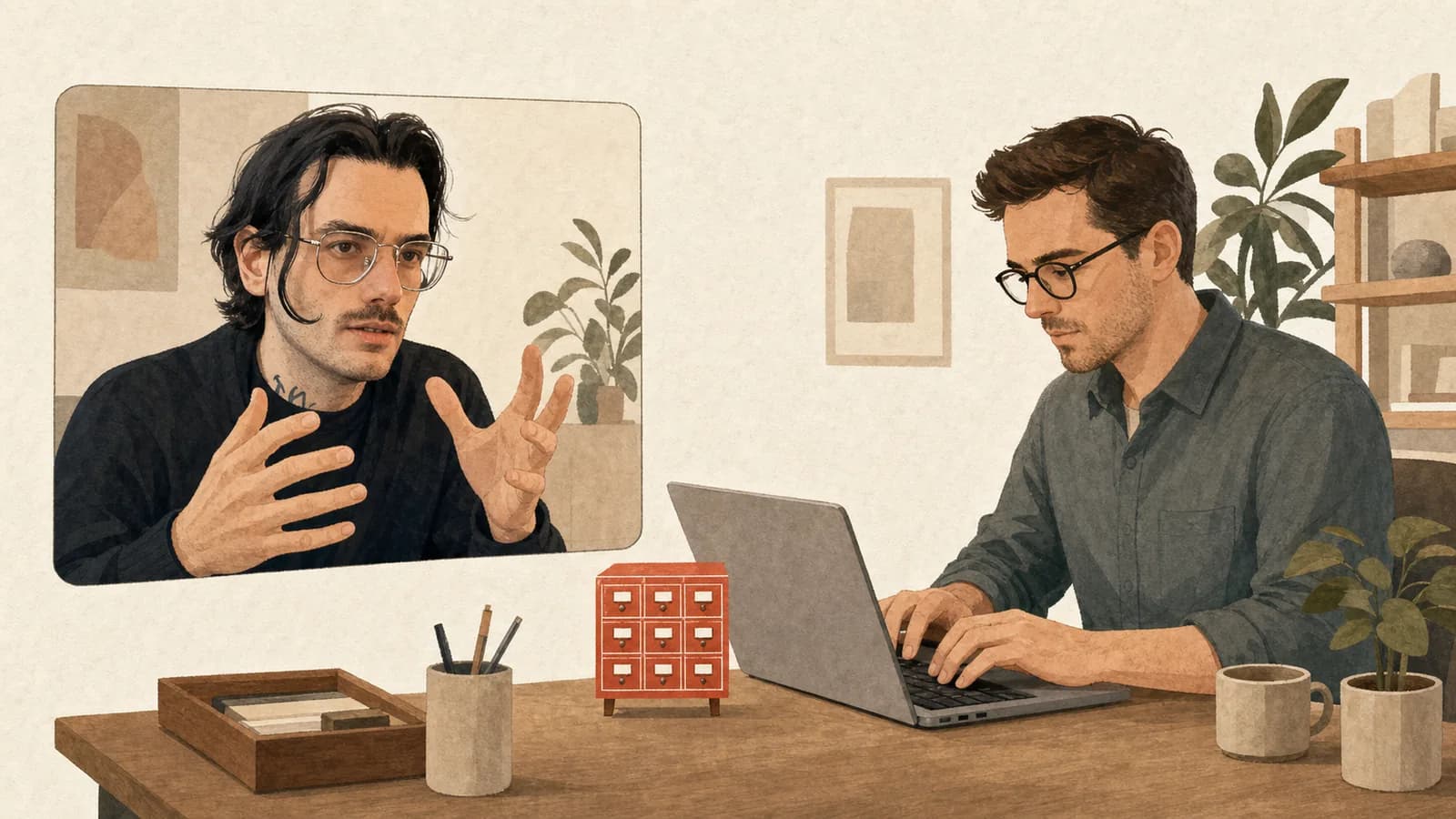 Illustrazione in stile acquerello della sessione da remoto: Giovanni appare nella finestra della video-call mentre spiega a gesti, il professionista lavora al proprio portatile alla scrivania e tra loro, sul tavolo, c’è un piccolo schedario vermiglio a cassetti.