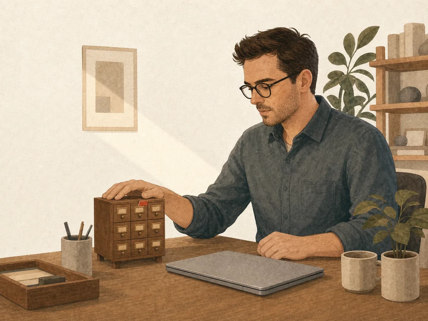 Illustrazione in stile acquerello della chiusura: a sessione finita il professionista è solo alla scrivania, il portatile chiuso e la mano posata sullo schedario vermiglio, che ora sta sul suo tavolo.
