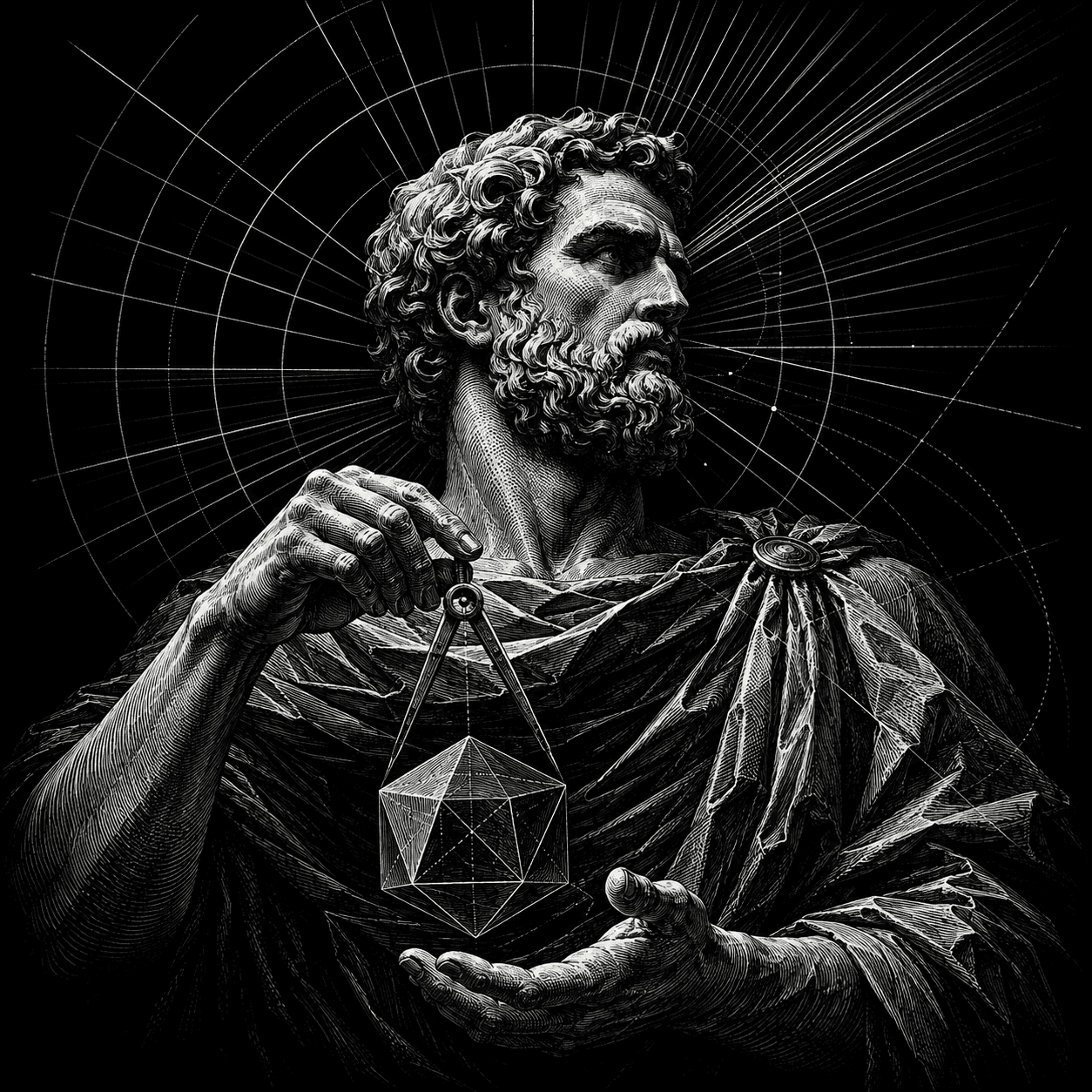 Incisione in bianco e nero: una figura classica progetta una forma geometrica con il compasso.