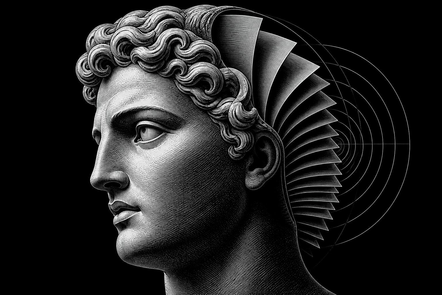 Incisione in bianco e nero: una testa classica di profilo si apre sul retro in fogli d'archivio disposti a ventaglio.