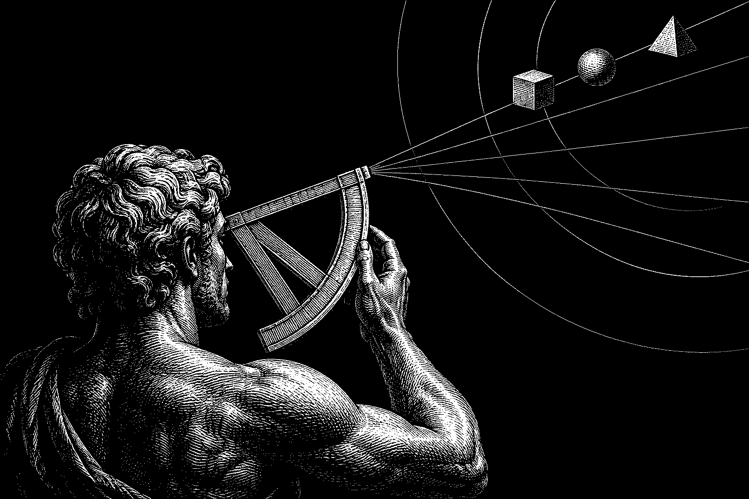 Incisione in bianco e nero: una figura classica di spalle alza un quadrante da astronomo e traguarda lungo un fascio di raggi