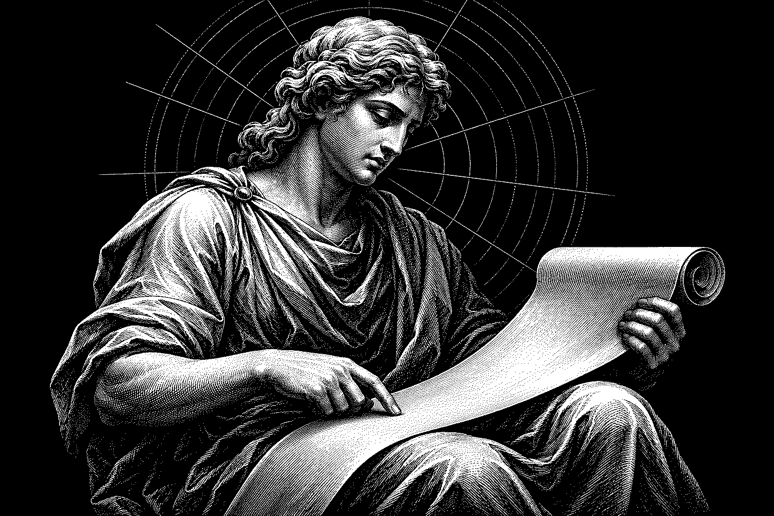 Incisione in bianco e nero: una figura classica seduta srotola sulle ginocchia un rotolo vuoto e ne segue una riga col dito.