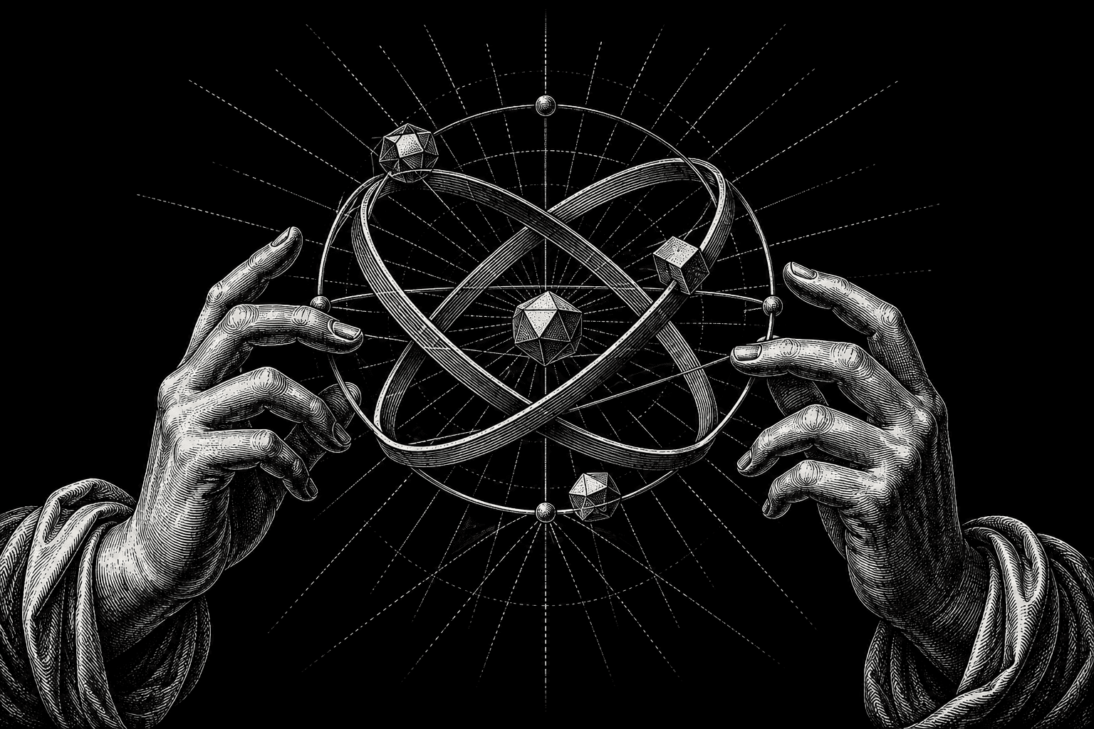 Incisione in bianco e nero: figure disposte intorno a una geometria radiante, come passaggi di un flusso.