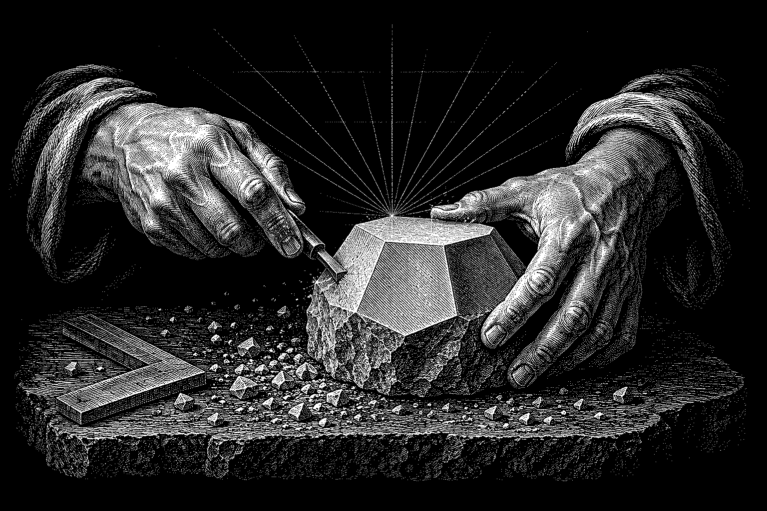 Incisione in bianco e nero: due mani classiche a un banco di pietra, uno scalpello e un solido geometrico che emerge dal grezzo
