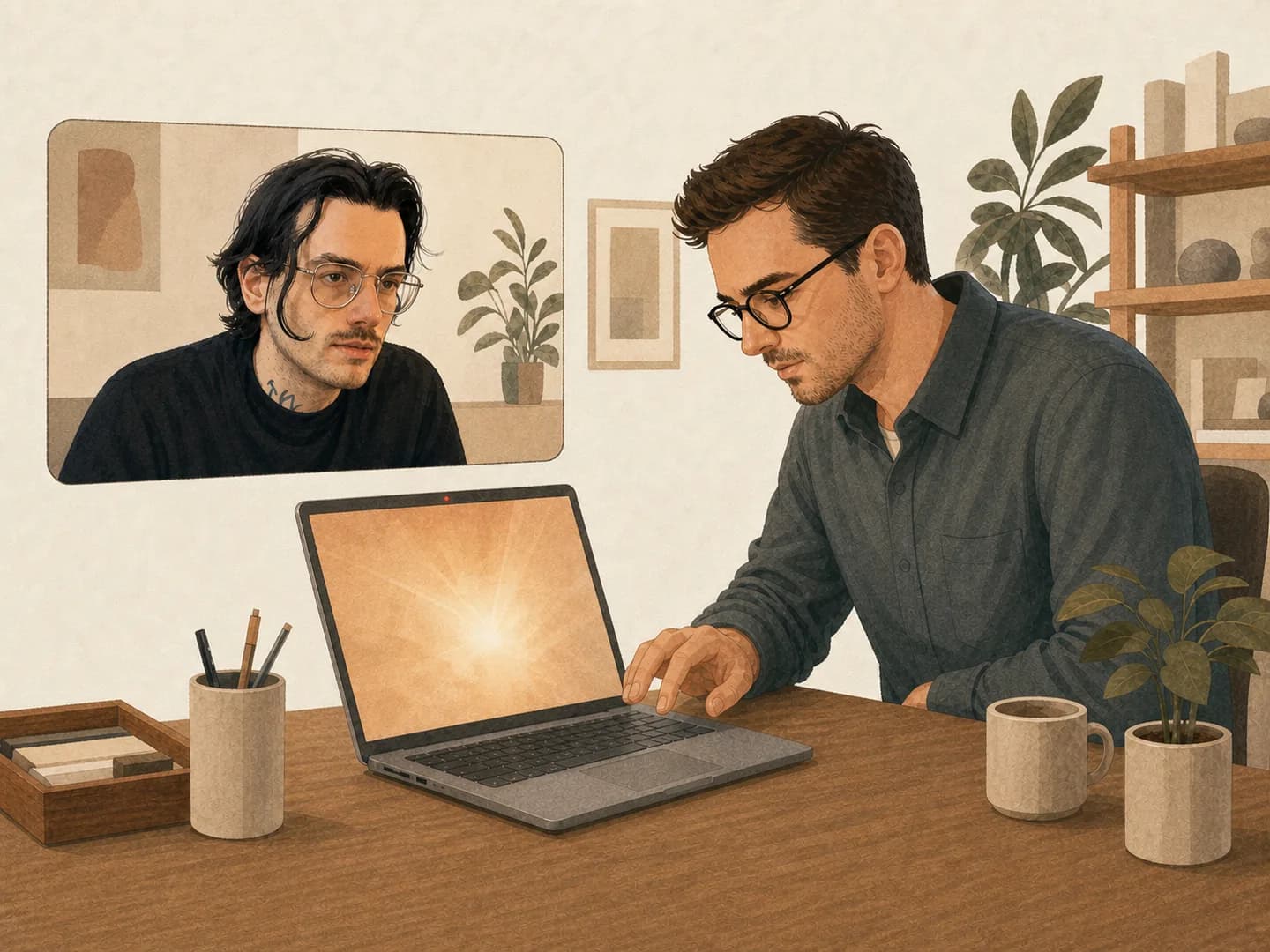 Illustrazione del test: un professionista e Giovanni osservano un agente appena aperto recuperare la risposta dai file del progetto.